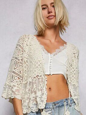 V Neck SS Crochet Floral Lace Cardigan